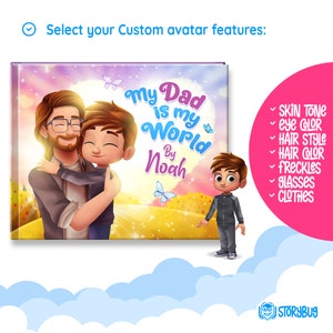 Puede incluir: Una portada de libro con una ilustraci&oacute;n de un padre y un hijo abraz&aacute;ndose. El t&iacute;tulo del libro es "My Dad is my World" con el nombre del autor "Noah" debajo. La portada tiene un fondo rosa, morado y azul con mariposas.