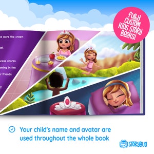 Puede incluir: Una portada de libro colorida con un fondo morado y una ilustraci&oacute;n de dibujos animados de una ni&ntilde;a con una corona. El texto de la portada dice "&iexcl;Libros de cuentos para ni&ntilde;os totalmente personalizados!" y "El nombre y el avatar de tu hijo se utilizan en todo el libro".