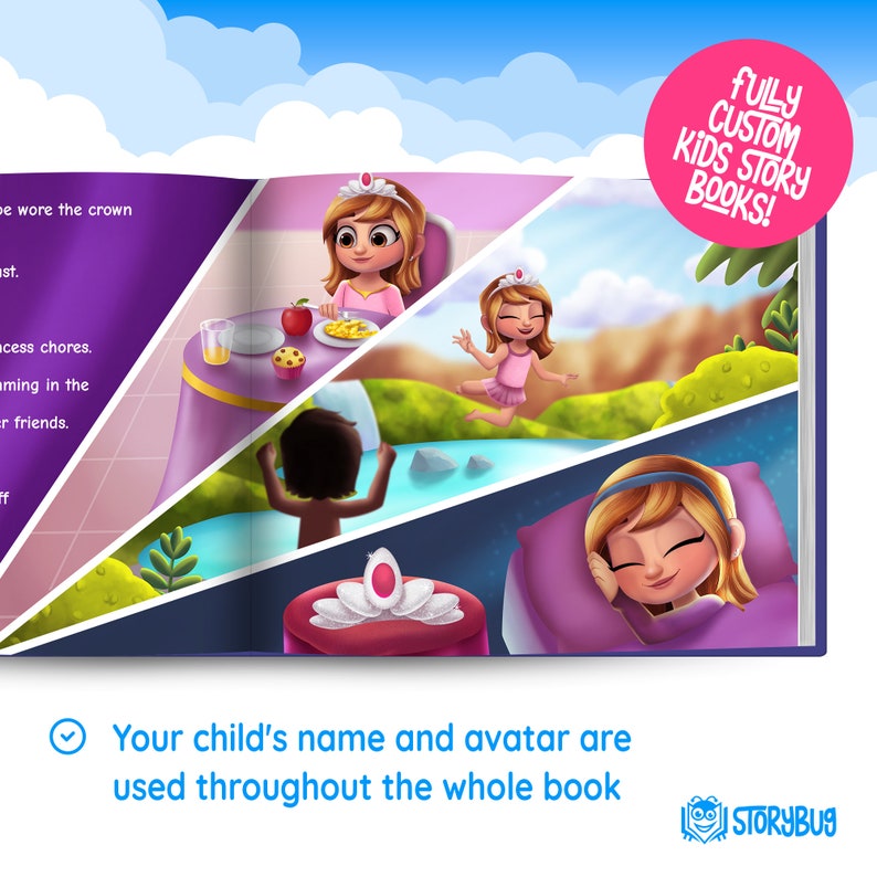 Puede incluir: Una portada de libro colorida con un fondo morado y una ilustraci&oacute;n de dibujos animados de una ni&ntilde;a con una corona. El texto de la portada dice "&iexcl;Libros de cuentos para ni&ntilde;os totalmente personalizados!" y "El nombre y el avatar de tu hijo se utilizan en todo el libro".