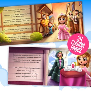 Puede incluir: Una princesa con un vestido rosa y una corona en la cabeza sonr&iacute;e y saluda a la gente del pueblo. El texto dice "Chloe you are so amazing!" y "Chloe, you are so strong!"