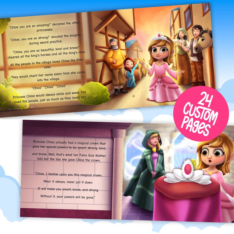 Puede incluir: Una princesa con un vestido rosa y una corona en la cabeza sonr&iacute;e y saluda a la gente del pueblo. El texto dice "Chloe you are so amazing!" y "Chloe, you are so strong!"