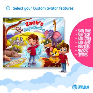 Peut inclure: Une couverture de livre avec une illustration de dessin anim&eacute; d'un gar&ccedil;on en chemise rouge et en jean bleu debout dans une flaque d'eau. Le titre du livre est "Zach's Magical Zoo Tour".