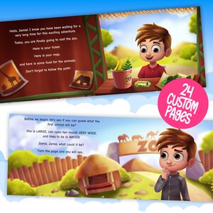 Peut inclure: Une illustration color&eacute;e d'un gar&ccedil;on visitant le zoo. Le gar&ccedil;on tient un billet et regarde un panneau qui dit "Zoo". L'illustration fait partie d'un livre pour enfants avec le texte "Bonjour, Jamie ! Je sais que tu attends &ccedil;a depuis longtemps, cette aventure extraordinaire. Aujourd'hui, tu vas enfin visiter le zoo. Voici ton billet. Voici ta carte. Et voici de la nourriture pour les animaux. N'oublie pas de suivre le chemin ! Avant de commencer, essayons de deviner quel sera le premier animal ? Elle est GROSSE, elle peut ouvrir sa gueule TR&Egrave;S LARGE, et elle aime &ecirc;tre dans l'EAU ! Jamie, Jamie, qui pourrait-ce &ecirc;tre ? Tourne la page et tu verras....."