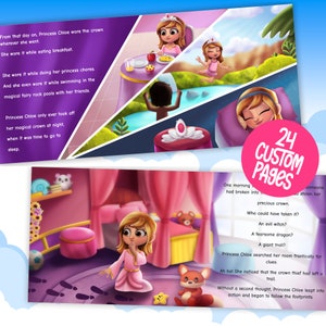 Puede incluir: Una ni&ntilde;a con un vestido rosa y una corona est&aacute; durmiendo en una cama rosa con un oso de peluche. La ni&ntilde;a est&aacute; buscando pistas en su habitaci&oacute;n despu&eacute;s de que alguien robara su corona. El texto de la imagen dice: "Una ma&ntilde;ana, alguien entr&oacute; en su habitaci&oacute;n y rob&oacute; su preciosa corona. &iquest;Qui&eacute;n podr&iacute;a haberla tomado? &iquest;Una bruja malvada? &iquest;Un drag&oacute;n temible? &iquest;Un troll gigante?"