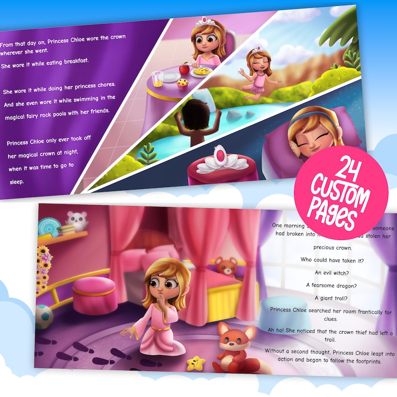 Puede incluir: Una ni&ntilde;a con un vestido rosa y una corona est&aacute; durmiendo en una cama rosa con un oso de peluche. La ni&ntilde;a est&aacute; buscando pistas en su habitaci&oacute;n despu&eacute;s de que alguien robara su corona. El texto de la imagen dice: "Una ma&ntilde;ana, alguien entr&oacute; en su habitaci&oacute;n y rob&oacute; su preciosa corona. &iquest;Qui&eacute;n podr&iacute;a haberla tomado? &iquest;Una bruja malvada? &iquest;Un drag&oacute;n temible? &iquest;Un troll gigante?"