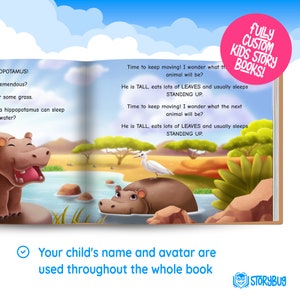 Peut inclure: Illustration d'un livre pour enfants repr&eacute;sentant un hippopotame debout dans une rivi&egrave;re. Le texte dit "Time to keep moving! I wonder what the next animal will be? He is TALL, eats lots of LEAVES and usually sleeps STANDING UP."