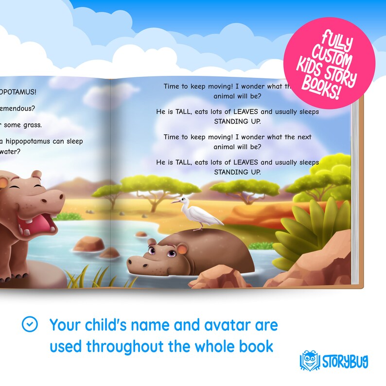 Peut inclure: Illustration d'un livre pour enfants repr&eacute;sentant un hippopotame debout dans une rivi&egrave;re. Le texte dit "Time to keep moving! I wonder what the next animal will be? He is TALL, eats lots of LEAVES and usually sleeps STANDING UP."