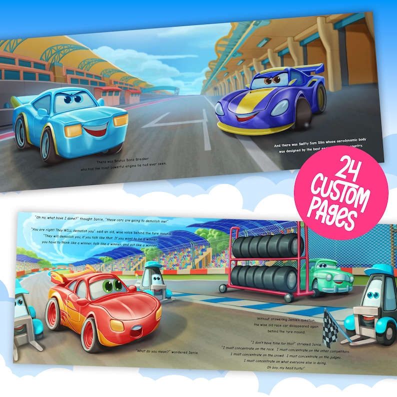 K&ouml;nnte beinhalten: Eine Illustration aus einem Kinderbuch, die zwei Comic-Autos zeigt, die auf einer Rennstrecke fahren. Das rote Auto ist im Vordergrund und das blaue Auto im Hintergrund. Das rote Auto hat einen besorgten Gesichtsausdruck und das blaue Auto einen entschlossenen Ausdruck. Der Text im Bild lautet: "Oh nein, was habe ich getan?" dachte Jamie, "Diese Autos werden mich zerst&ouml;ren!" "Du hast Recht. Sie WERDEN dich zerst&ouml;ren." sagte eine alte, weise Stimme hinter dem Reifenh&uuml;gel. "Sie werden dich zerst&ouml;ren, wenn du so weitermachst. Wenn du ein Gewinner sein willst, musst du wie ein Gewinner denken, dich wie ein Gewinner f&uuml;hlen und wie ein Gewinner handeln."