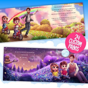 Puede incluir: Una ilustraci&oacute;n colorida de un padre y dos ni&ntilde;os. El padre est&aacute; se&ntilde;alando hacia la derecha, mientras que los ni&ntilde;os est&aacute;n montando en bicicleta. El fondo es un cielo azul brillante con un arco&iacute;ris y nubes. El texto dice: "&iexcl;Cada d&iacute;a con mi pap&aacute; es una aventura! &Eacute;l est&aacute; ah&iacute; para ayudarme a montar en bicicleta. &Eacute;l me anima cuando bajo por el tobog&aacute;n del parque, y me toma de la mano cuando cruzamos la calle. &iexcl;Estar&iacute;a perdido sin mi pap&aacute;! S&eacute; que a mi pap&aacute; le encanta pasar tiempo conmigo tambi&eacute;n porque sonr&iacute;e y se r&iacute;e y me hace saber cu&aacute;nto significo para &eacute;l. &iexcl;Lo extra&ntilde;o mucho cuando no podemos estar juntos. Pero &eacute;l nunca est&aacute; lejos de mis pensamientos!"