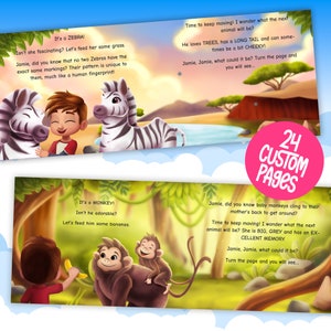 Peut inclure: Un livre illustr&eacute; pour enfants color&eacute; avec 24 pages personnalis&eacute;es. Le livre pr&eacute;sente un z&egrave;bre, un singe et un gar&ccedil;on. Le texte sur les pages dit "C'est un z&egrave;bre !" et "C'est un singe !"