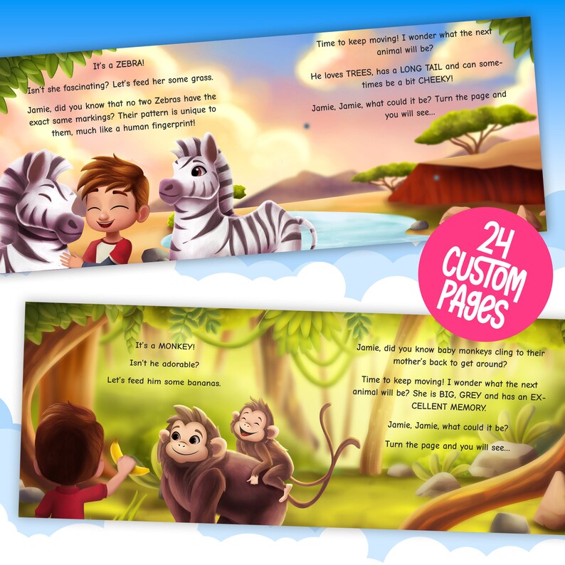 Peut inclure: Un livre illustr&eacute; pour enfants color&eacute; avec 24 pages personnalis&eacute;es. Le livre pr&eacute;sente un z&egrave;bre, un singe et un gar&ccedil;on. Le texte sur les pages dit "C'est un z&egrave;bre !" et "C'est un singe !"