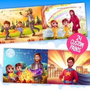 Puede incluir: Una ilustraci&oacute;n de libro infantil que muestra a un padre en diferentes escenas con sus hijos. El texto dice "Es tonto, pero es cari&ntilde;oso", "Es protector, pero es considerado", "Es tonto, pero es sabio", y "Es cauteloso, pero es valiente".