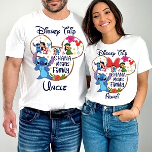 May include: White t-shirts with a Disney Trip design featuring Stitch and the phrase "Ohana Means Family." One shirt says "Uncle," the other says "Auntie." Both shirts have a Mickey Mouse ear design.