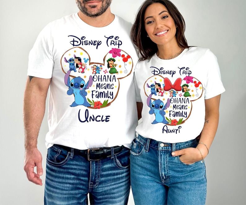 May include: White t-shirts with a Disney Trip design featuring Stitch and the phrase "Ohana Means Family." One shirt says "Uncle," the other says "Auntie." Both shirts have a Mickey Mouse ear design.