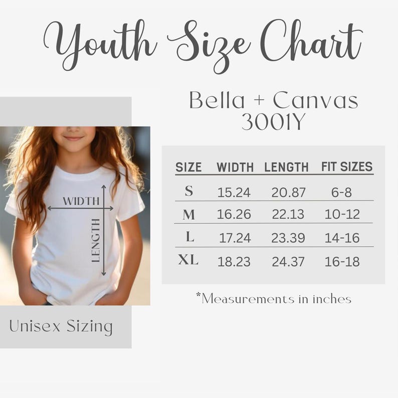 May include: A white t-shirt on a young person, with a size chart for youth shirts. The chart includes measurements in inches for width and length, and fit sizes. The text reads "Youth Size Chart" and "Unisex Sizing".