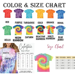 Pu&ograve; includere: Tabella colori e taglie per t-shirt tie-dye. La tabella mostra vari colori come rosso, viola e arancione. Una tabella taglie mostra le misure in cm per larghezza, petto e lunghezza, da XS a L.
