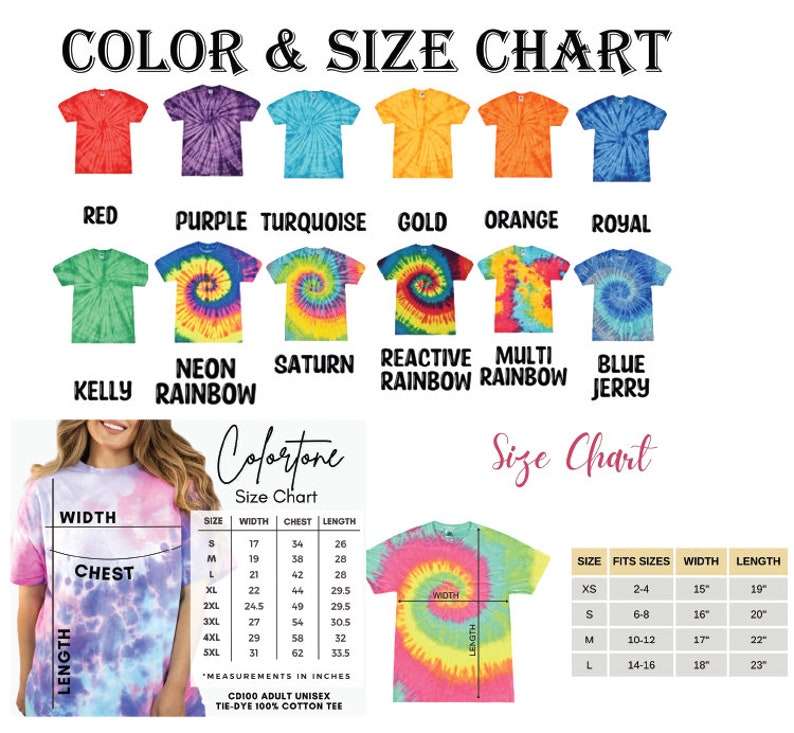 Pu&ograve; includere: Tabella colori e taglie per t-shirt tie-dye. La tabella mostra vari colori come rosso, viola e arancione. Una tabella taglie mostra le misure in cm per larghezza, petto e lunghezza, da XS a L.