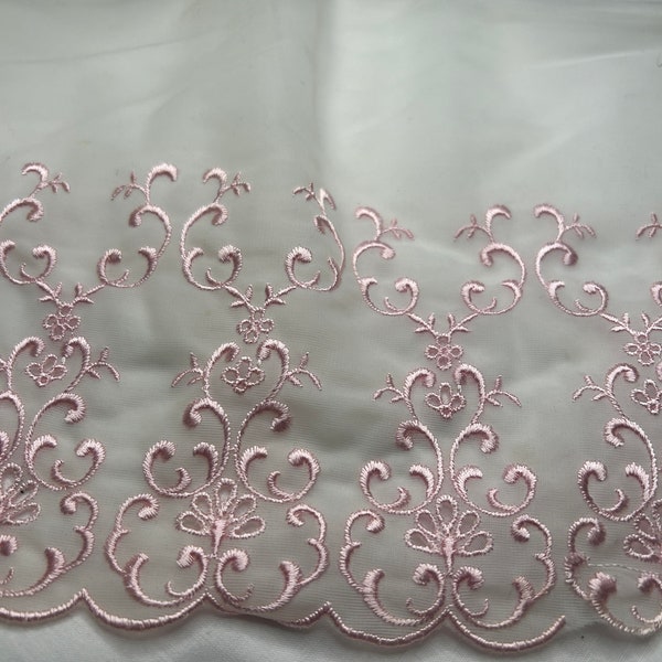 Vintage Pink Embroidered Trim on Tricot fabric 8.5" wide, 10 yards