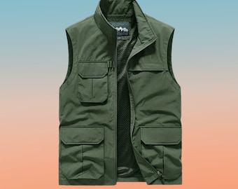 vintage mens multi-pocket vests sleeveless camping travel photography loose waistcoats - green
