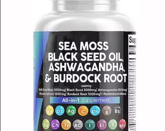 Sea Moss 3000mg Black Seed Oil 2000mg Ashwagandha 1000mg Turmeric 1000mg Bladderwrack 1000mg Burdock 1000mg & Vitamin CD3