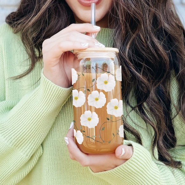 Floral Glass Soda Can Iced Coffee Glass Can with lid Flower Iced Coffee Cup Spring Tumblers Reusable Glass Can Travel Cup Glass Beer Can