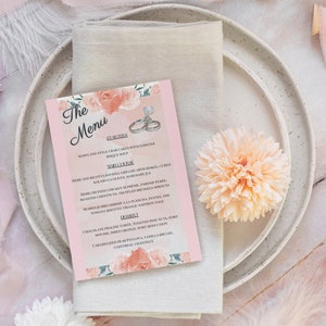 Blushing Eleganz | Platzierungs-Menü für Ihre Dinner-Party | Perfekte rosa Hochzeitstafel | 3-Gang-Menü | Sofort Download