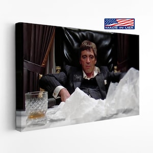 Scarface Canvas Wall Art, Tony Montana Desk Scene, Framed or Rolled Movie Print, Iconic Al Pacino Moment Decor