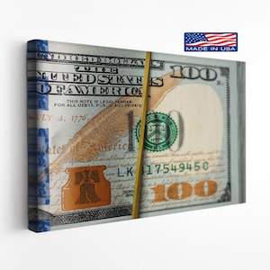 100 Bill Canvas Wall Art – Modern Money Art Print – Luxury Hustle Decor for Office, Man Cave, or Studio – Made in USA
