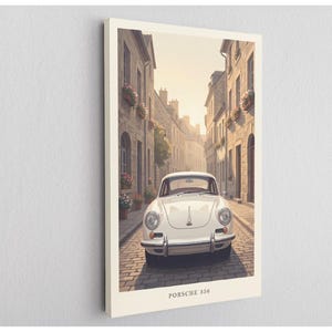 Vintage Classic European Sports Car Canvas Wall Art, Retro Cobblestone Street Print, Nostalgic German Coupe Artwork, Living Room Decor