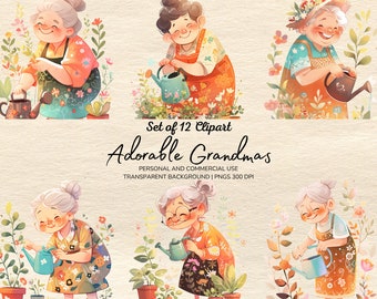 Grandma Watering Flower Watercolor Clipart Bundle, Transparent PNG, Digital Download, Card Making,Papercraft,Scrapbook,Elderly People