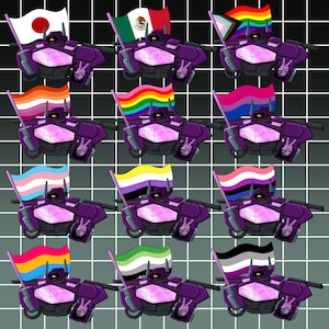 May include: A digital illustration features a purple robot holding a flag. The flags represent various countries and pride flags, including Japan, Mexico, and the LGBTQ+ pride flag. The robot is set against a grid background.