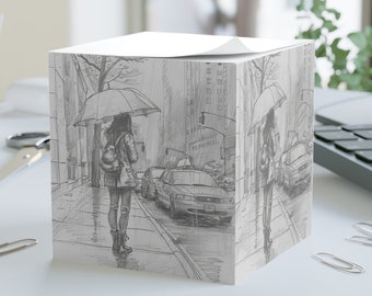 Hand Sketched - Note Cube - Standing in the Rain - City Streets - Desk Art - Office Pad - Gift for Boss, Notepad Cube, Cute Office Supplies