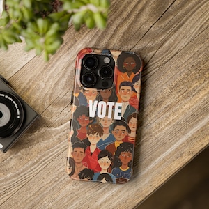 Vote Together iPhone Case: Diverse Cartoon Characters Encouraging Voting - iPhone Cases for 15, 14, 13, 12, 11, X, XR, 8, 7.