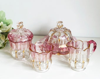 Cranberry and Gold Maiden Blush Four Piece Set EAPG, Vintage Glass Collectibles, Cranberry Glass Set