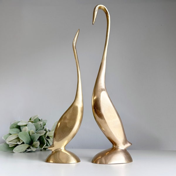 RARE Large Vintage Swan Figurines, MCM Pair of Swan Figurines, Heavy Solid Brass 15" Bird Figurines, Set of 2 Mid-Century Brass Bird Decor