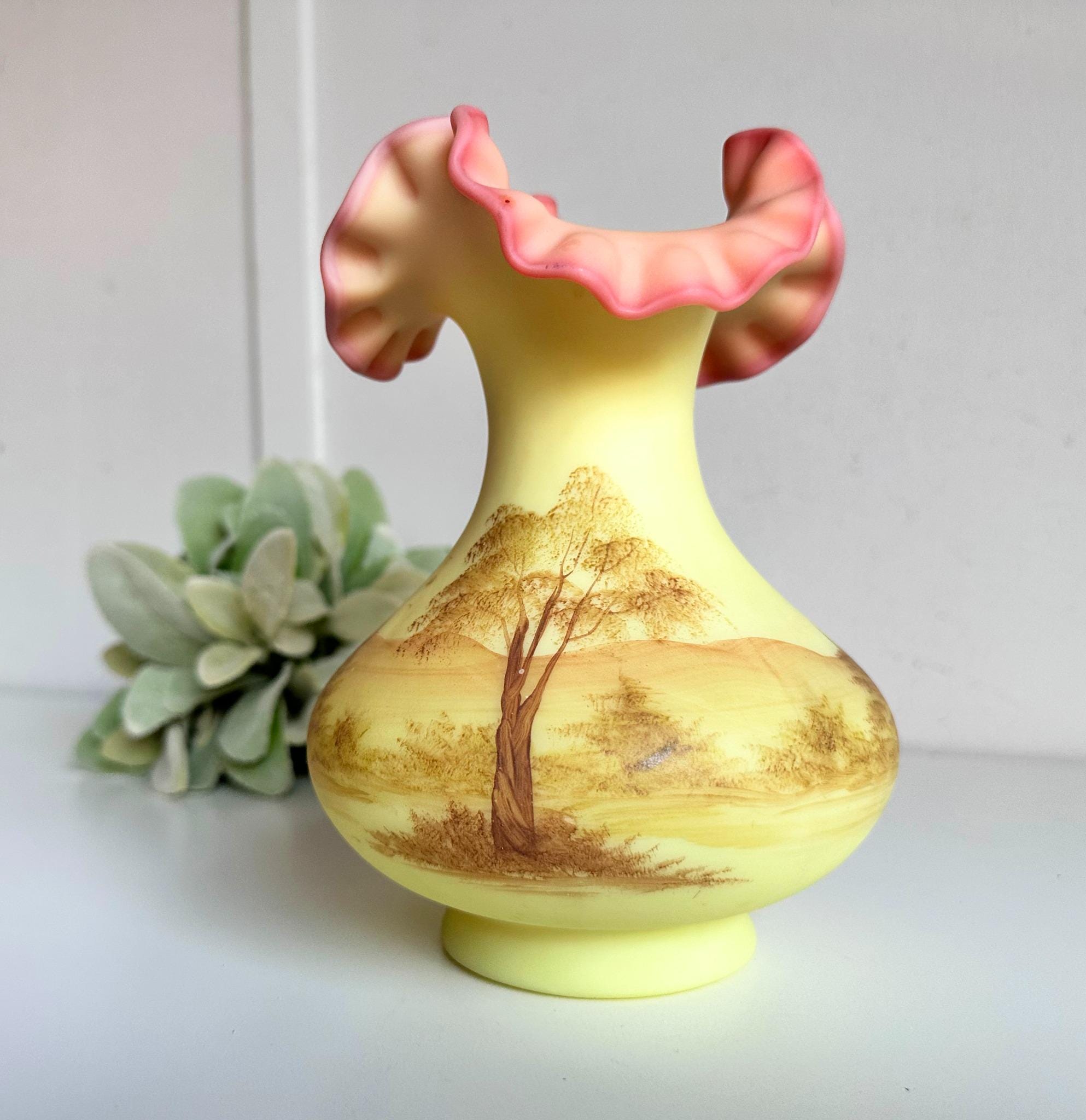 Fenton Custard Uranium Glass Vase Hand Painted - Etsy