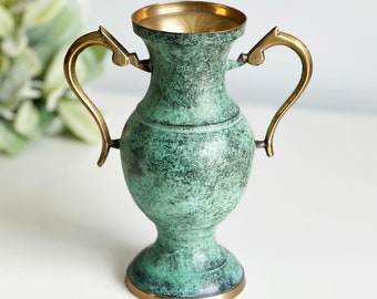 Vintage Brass Patina Double Handled Vase, Brass Teal Vase, Fluted Brass Vase, Made in India, Brass Vase, Collectible Brass, Green Blue Vase