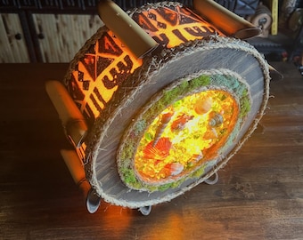 Handmade Tiki Lamp "Snare Drum" with Resin, Shells, Moss and Vintage Bark Cloth