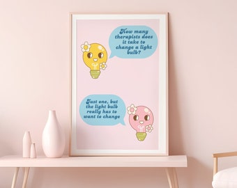 Therapist Joke Lightbulb Printable Digital Art, Funny Mental Health Poster, Growth Mindset Wall Art, School Psychologist and Counselor Decor