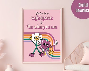 Safe space to be who you are retro pink sign, funny therapy office decor, inclusive counseling poster, school counselor printable gift