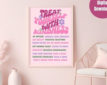 Treat Yourself With Kindness Poster, Retro Pink Decor (Digital Download)