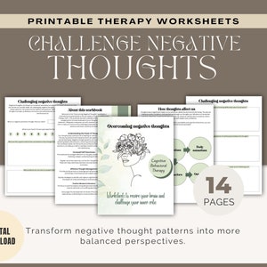 Challenge negative thoughts workbook, therapy worksheets, cbt worksheets, cognitive distortions list, thought challenging worksheets
