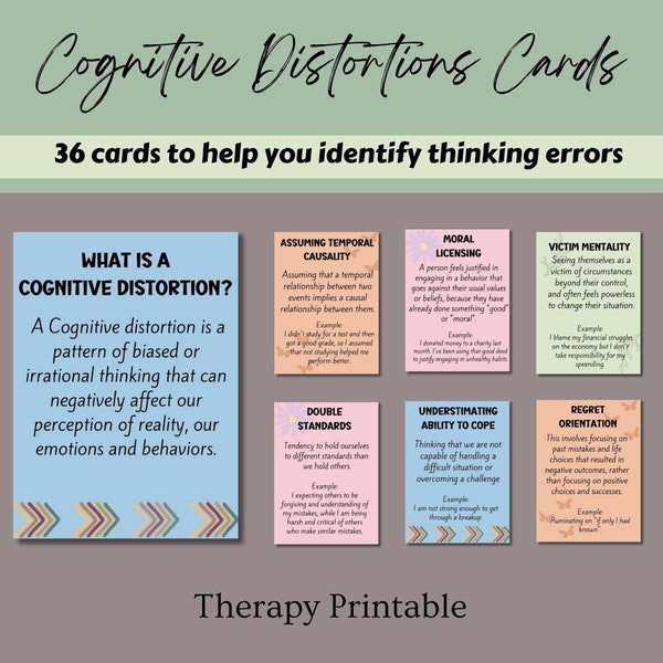 Boho Cognitive distortion flash cards, mental health, school social worker, therapist office decor, stress relief gift, play therapy, ocd