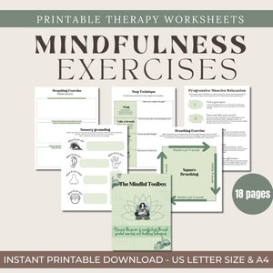 May include: Printable mindfulness exercises worksheets in green and white with the title "Mindfulness Exercises" and the text "18 pages".