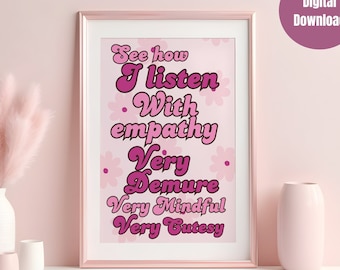Empathy Demure Pink Retro Sign for School Counselor, Funny Groovy Therapy Office Decor, Mindful Counseling Wall Art, Psychologist Poster
