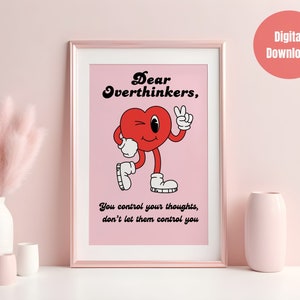 Póster retro "Queridos pensadores", decoración divertida para consultorio de terapia, arte mural rosa y rojo de terapeuta, impresión de mentalidad de crecimiento para psicólogos.