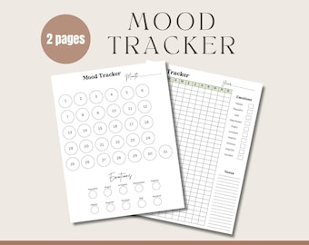 May include: Printable mood tracker with two pages. The first page has a calendar grid with circles for each day of the month. The second page has a grid for tracking mood throughout the year and a list of emotions with checkboxes.