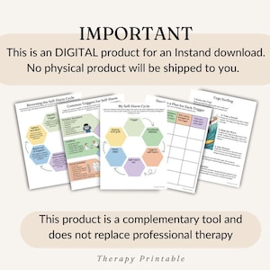 May include: A collection of printable therapy worksheets with titles like "Reversing the Self-Harm Cycle" and "Develop a Plan for Each Trigger." The text "IMPORTANT" and "DIGITAL product" are visible. The product is a complementary tool.
