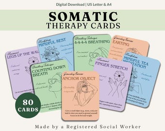 Puede incluir: Un conjunto de tarjetas de terapia somática con ejercicios de atención plena y conexión a tierra. Las tarjetas en colores pastel presentan dibujos lineales y texto. El conjunto incluye 80 tarjetas y es una descarga digital.