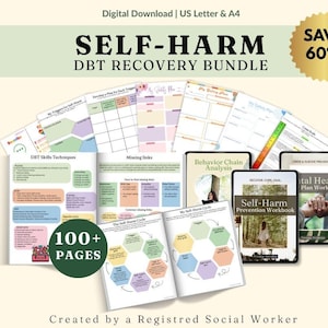 May include: A digital download bundle of self-harm DBT recovery worksheets and workbooks. The collection includes various charts, safety plans, and behavior analysis pages with pastel-colored diagrams, text, and a 100+ pages label.